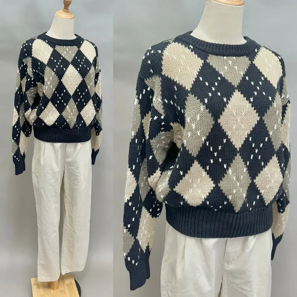 Vintage‎ Lizsport Argyle Sweater Women’s Small – Ramie Cotton Knit Oversized Fit